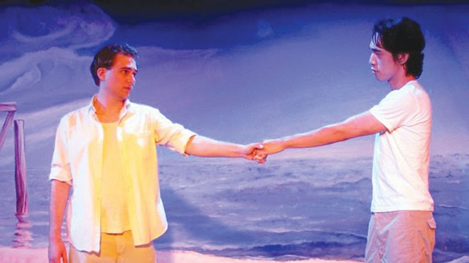 Mark McCarver and Jonathan Itchon hold hands in San Pedro Playhouse’s Corpus Christi.
