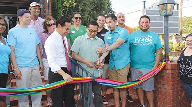 Mayor Julián Castro, Councilman Diego Bernal and Pride Center board chair Richard Farias joined Equality Texas field organizer Robert Salcido and others to cut the ribbon at the New PRIDE Center office in June.