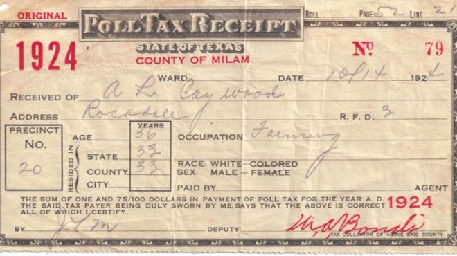 Here's a photo of a poll tax receipt. Critics of Texas' Voter ID law say it amounts to a poll tax.