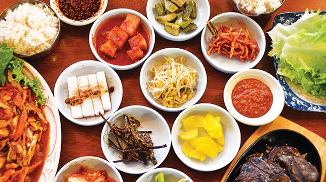 Octopus stir-fry, Korean barbecue ribs, and panchan plates