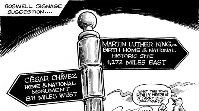 An editorial cartoon published by the Roswell Daily Record questions the merit of naming local street names after national civil rights figures.