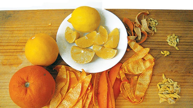 Seville orange, Meyer lemon, lemon, and dried orange peels.
