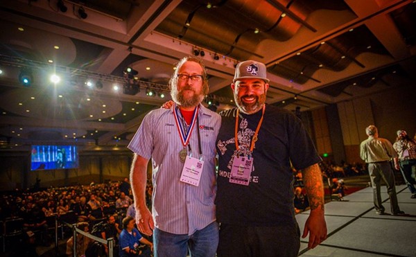 Freetail's head brewer Jason Davis (left) and owner Scott Metzger during 2017's Great American Beer Festival awards ceremony