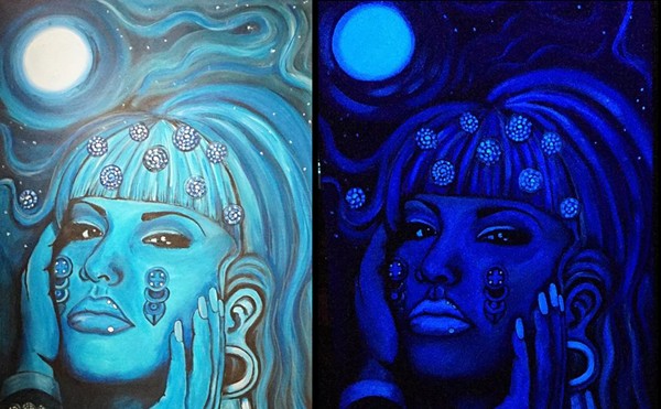 Xicana Artist Paints Black Light Piece of Selena as Aztec Figure