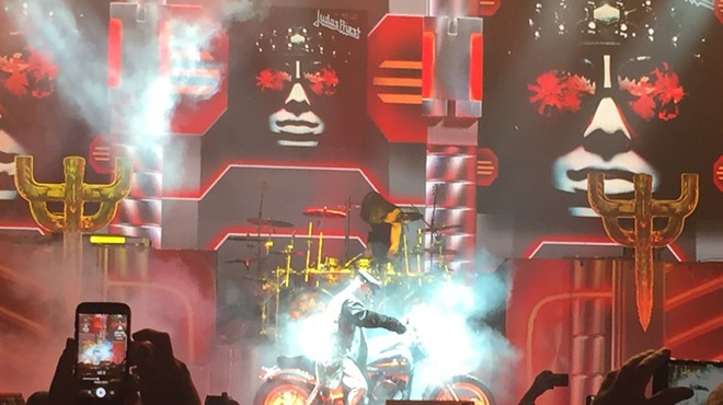 Rob Halford rides his Harley onto the stage Tuesday night in San Antonio... because fucking metal, that's why.