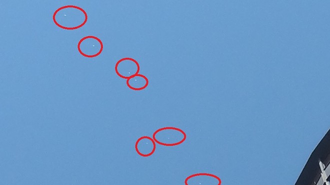 This image purports to show several unexplained flying objects sighted above San Antonio's Tower of the Americas.