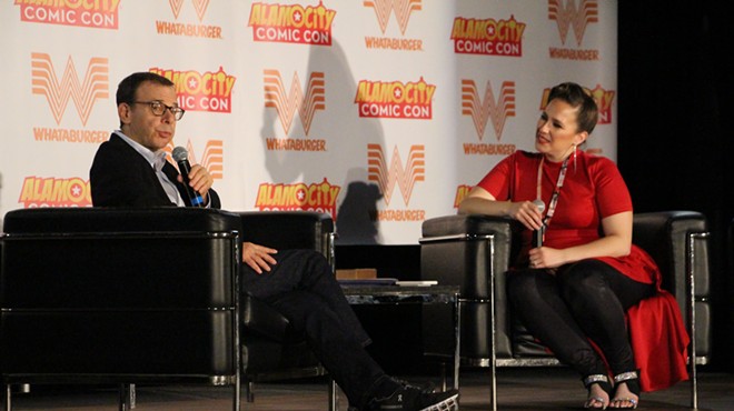 Comedian Rick Moranis with moderator Renée Hinojosa Valdez at Alamo City Comic Con on Saturday
