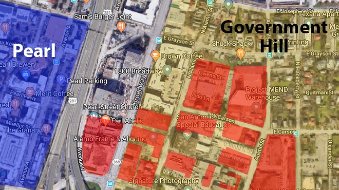 This map, which was created based on materials found at broadwayeastsa.com, shows the Broadway East development (in red) in relation to the Government Hill neighborhood, which is east of the Pearl.