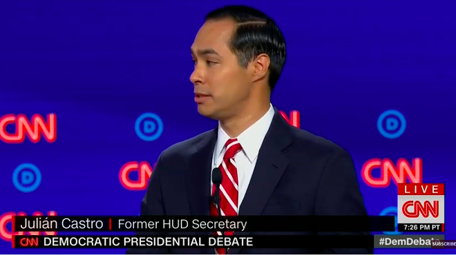 Julián Castro makes a point during the second Democratic presidential debate.