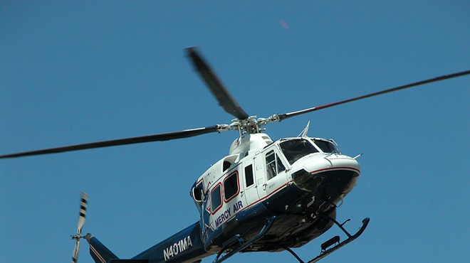 A helicopter operated by a subsidiary of Air Methods returns to its base.