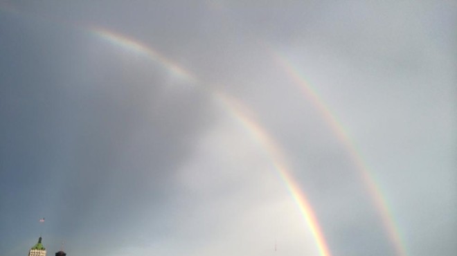 Double rainbow. Oh my god. It's a double rainbow. So intense. Whoa. That's so intense.