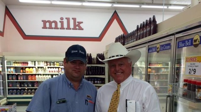 This is Texas Ag Commissioner Sid Miller posing with a non-Listeriosis plagued Blue Bell product. In one of his first acts, Miller deep fried Texas' junk food ban in schools.