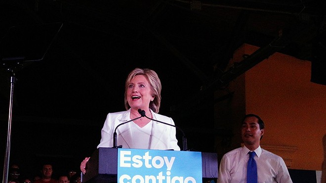 Hillary Clinton speaks as Julian Castro looks on at a rally on Thursday at Sunset Station.
