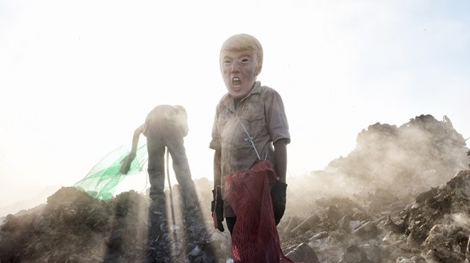 "a young potential trump collecting cans in a landfill"