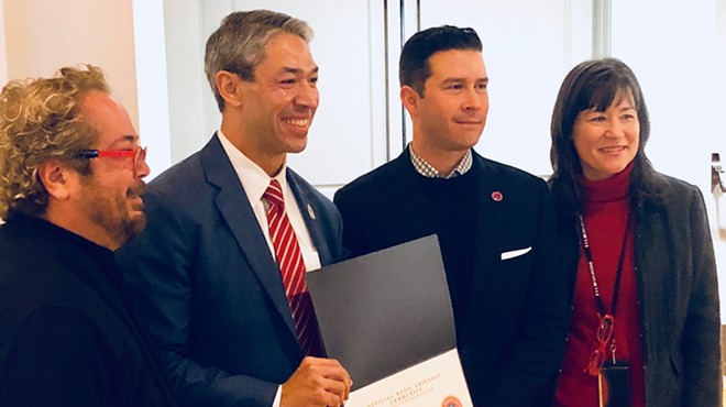 (L-R) Henry Brun, San Antonio Arts Commission music committee chair and local musician; San Antonio Mayor Ron Nirenberg; Brendon Anthony, Texas Music Office director; and Debbie Racca-Sittre, Department of Arts & Culture director.