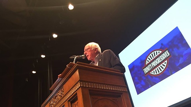 Former presidential candidate and Vermont Sen. Bernie Sanders addresses a crowd at Trinity's Laurie Auditorium Friday night.