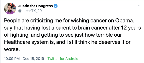 Although he dirty-deleted his original missive, he made a point to tweet that he's certainly not sorry for "wishing cancer on Obama." In fact, he's the perfect person to do so, since he knows just how bad cancer can be!