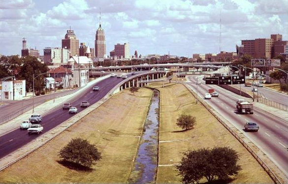 IH-10 heading into Downtown with San Pedro Creek in the center and the Tower of Americas in the left corner, 1967.