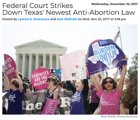 The long-contested anti-abortion bill SB8 was finally thrown out by a federal judge for putting an "undue burden" on women seeking a second trimester abortion in Texas. Read more.
