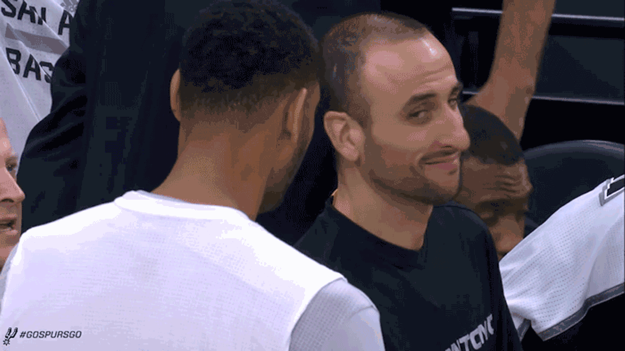 Every time he showed us his goofy sense of humor
H-E-B commercials, on the sidelines, in interviews, on social media – it didn’t matter where, but Manu has always been a jokester. While Duncan has always been regarded as the quiet one, Ginobili brought life to the team with his vibrant personality.
Photo via Giphy / spurs