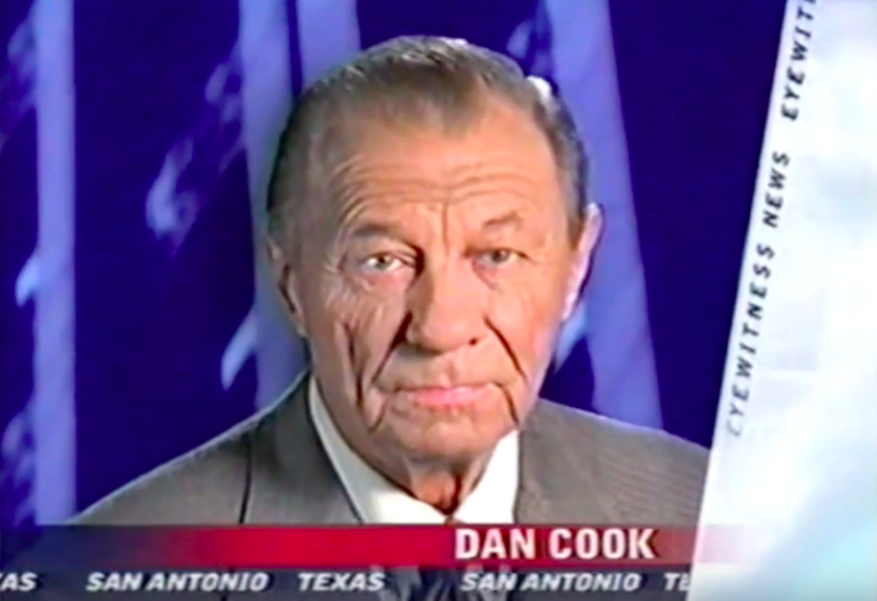 Dan Cook’s newscasts
While San Antonio’s history includes plenty of memorable reporters and anchors, few have the lasting legacy matching Dan Cook. He brought the sports talk for generations – literally. Part of the KENS 5 team from 1956 to 2000, Cook popularized the phrase "the opera ain't over 'til the fat lady sings." He was also a sports writer for the San Antonio Express-News, where he worked for 51 years. His decade-spanning, influential career led to Cook being inducted into the San Antonio Sports Hall of Fame. The Houston native passed away in July 2008 at the age of 81.
Photo via YouTube / dma37dude