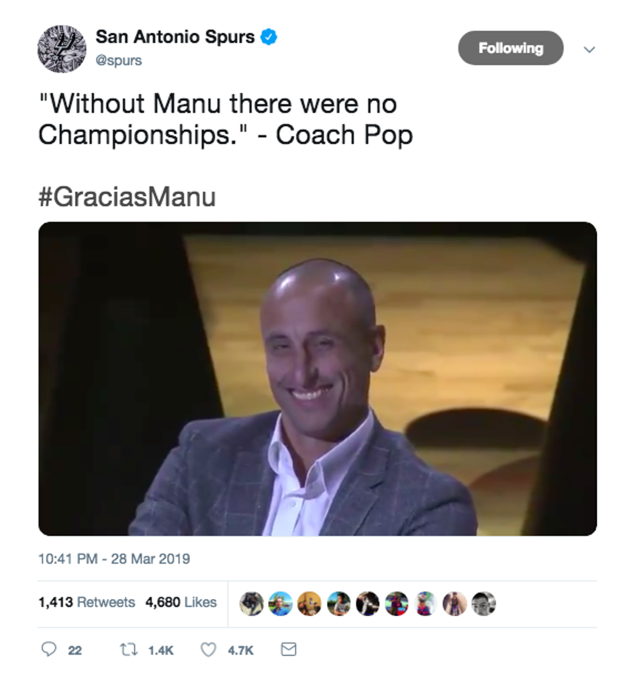 Coach Pop said the Spurs secured four of their five championships because of Manu
Source