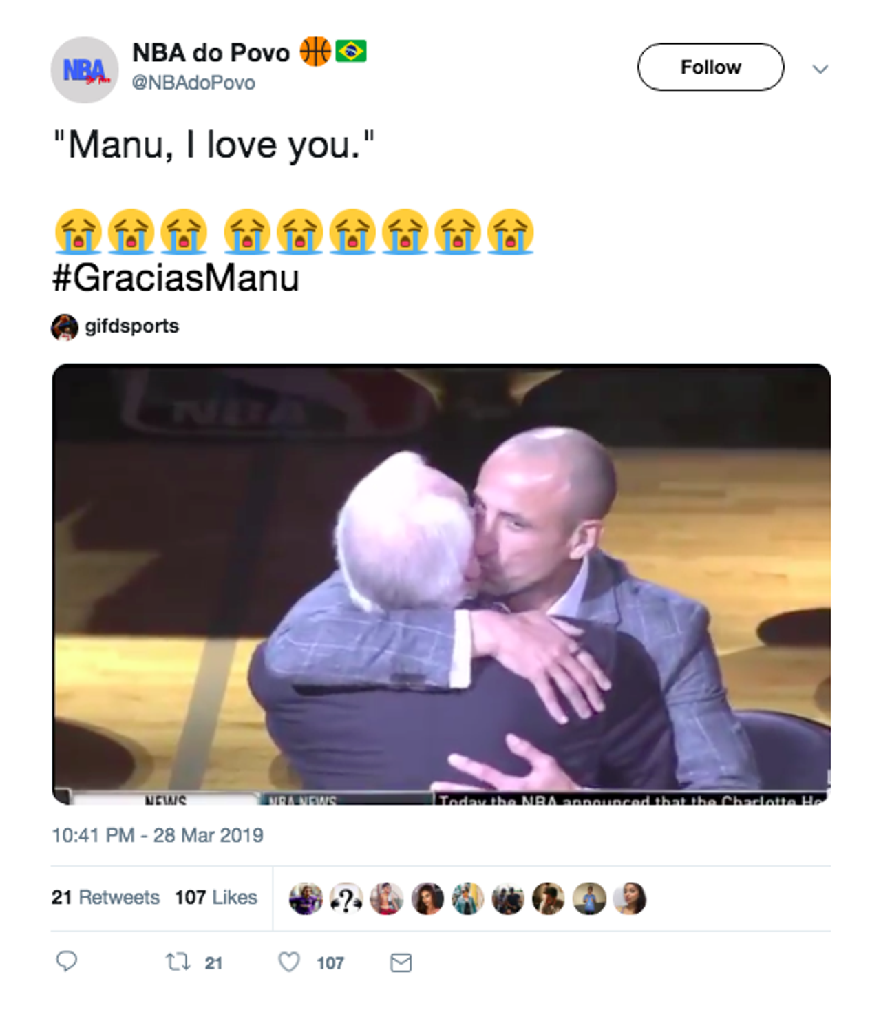 Coach Pop ended his speech with "Manu, I love you" and then they had this nice moment
Source