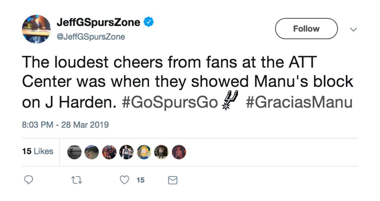 Spurs fans got super fired up during highlights of Manu's career – but especially for the iconic block on James Harden
Source