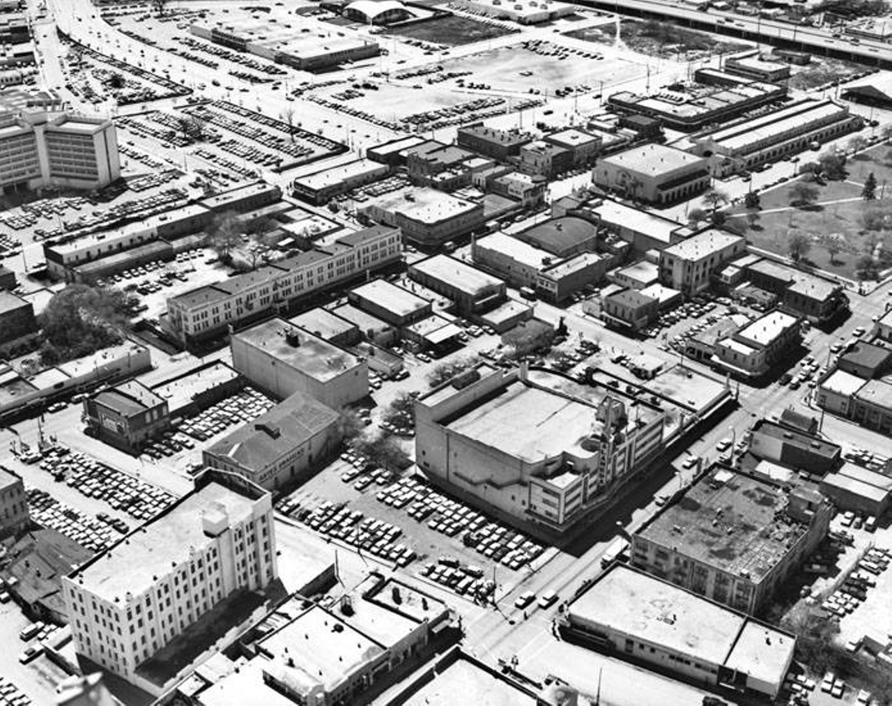 Can you spot the Alameda Theater? Here's an aerial view of the landmark spot and surrounding buildings from March 1968.