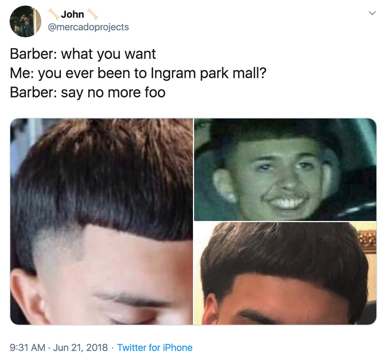 Someone who hangs out at Ingram Park Mall
If you’re really down, you’ll get the haircut and everything. Be warned, you may lead a life of petty crime if you do.
Photo via Twitter / mercadoprojects