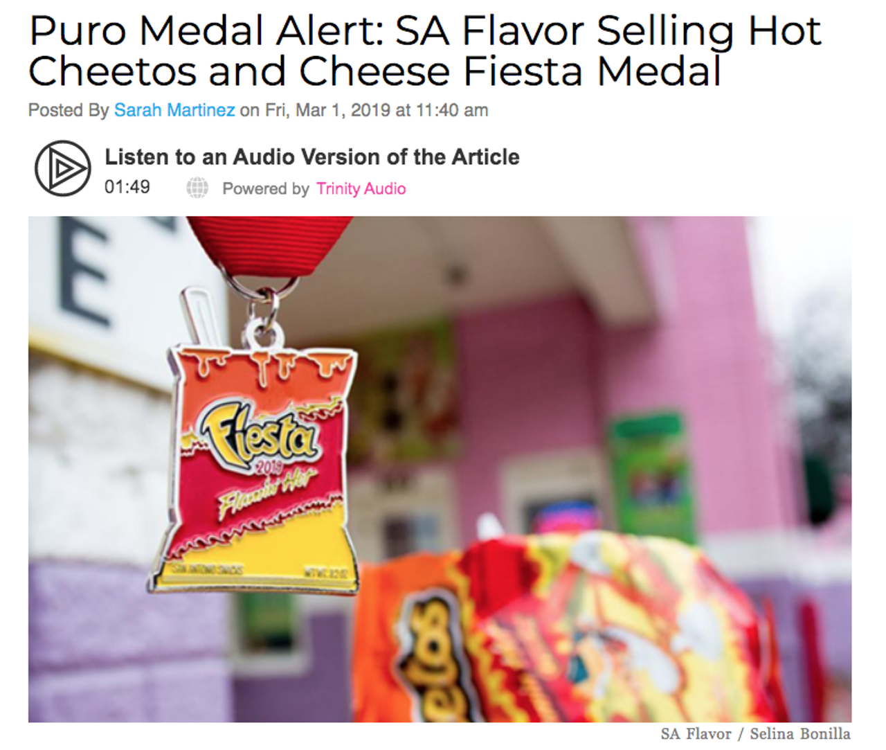 While lots of Fiesta medals can get pretty puro, this one may just take the cake. Or shall we say bag of Hot Cheetos and cheese? You get the point. Read more here.