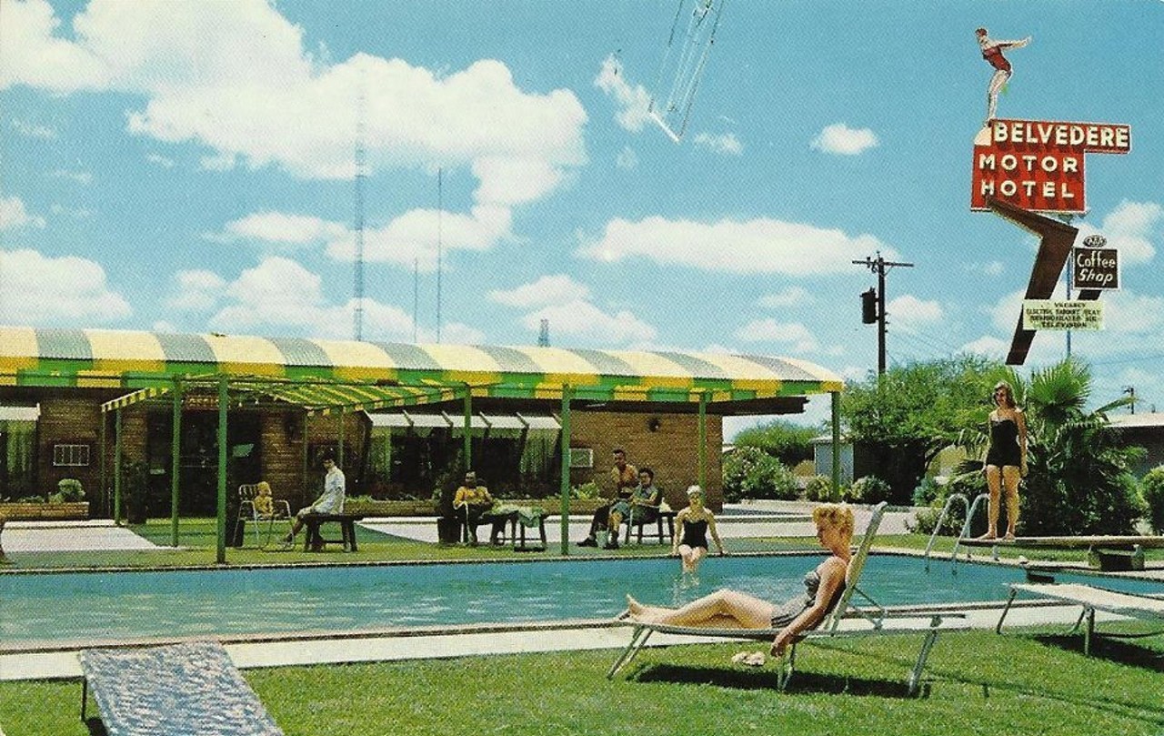 Belvedere Motel (1960s)
This 1963 postcard of the Belvedere Motel offers a glimpse of the motel and car culture so prevalent in mid-century United States. Located around 1970 Austin Highway where the Broadway Inn currently stands today, the Belvedere Motel stood as an affordable travel location in an area replete with overnight lodging, open long before the tourism boom of the 1968 World's Fair.
Vintage San Antonio