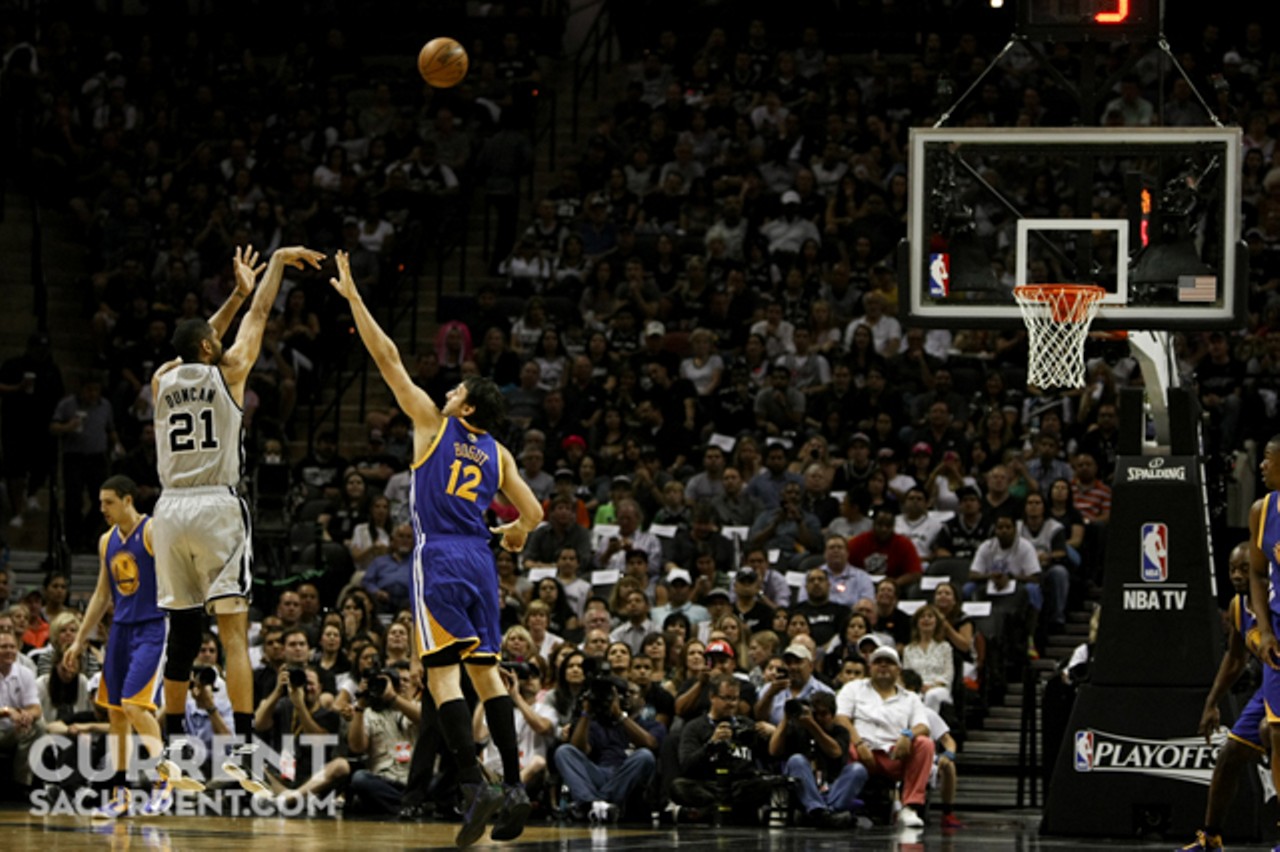 San Antonio's Tim Duncan shoots over Golden State's Andrew Bogut during the 1st half of Game 5 of the Western Conference Semi-Final Playoff series on Tuesday May 14th, 2013 in San Antonio, Texas (Josh Huskin / www.joshhuskin.com)