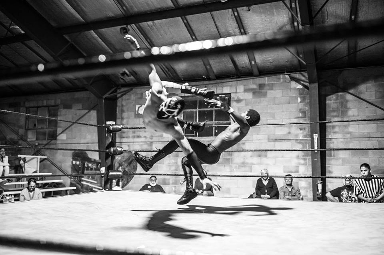"Where do you look to find inspiration for new moves?"
"Spider-Man."
Fantastico from Monterrey, Mexico "knocks out" his combatant while performing one of his signature maneuvers at the Texas Wolverine All-Stars Gym in San Antonio.