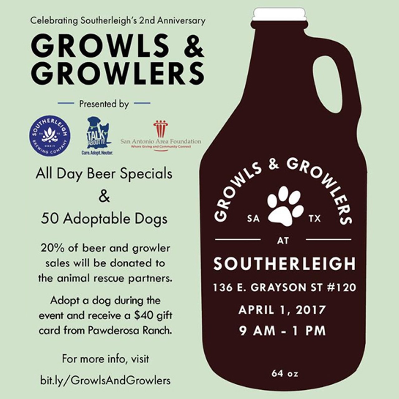 Growls and Growlers
Sat., April 1, 9 a.m.-1 p.m. at Southerleigh Fine Food and Brewery