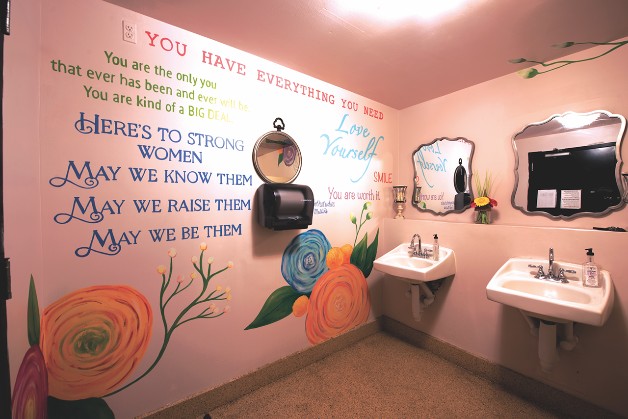 Weathered Souls Brewing Company // Despite their name, Weathered Souls' women’s restroom makes a woman feel anything but weathered. Artist Corey B. Mullins’ thoughtful work turned an ordinary restroom into a room reflecting confidence. It’s full of colorful flowers and quotes painted along each wall. Quotes such as “Always know how valuable and uniquely beautiful you are” and “Here’s to strong women, may we know them, may we raise them, may we be them,” reinforce women empowerment. The colors used to paint each flower and quote are light with a spring-like feel, using different shades of yellow, pink, and purple. Walk in to tinkle, walk out self-assured and ready to take on the world. 606 Embassy Oaks, (210) 313-8796, weatheredsouls.beer.