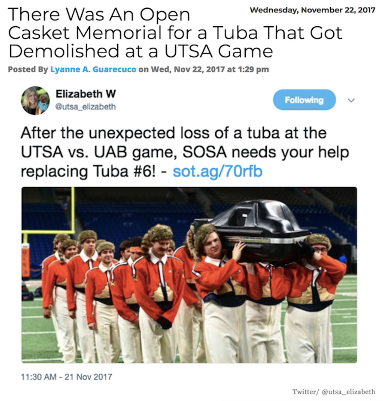 Tuba #6... gone, but not forgotten. After getting completely wrecked in a UTSA football game, several band members paid tribute to the fallen instrument with an open casket ceremony, which is... sweet? Morbid? Both? Read more.