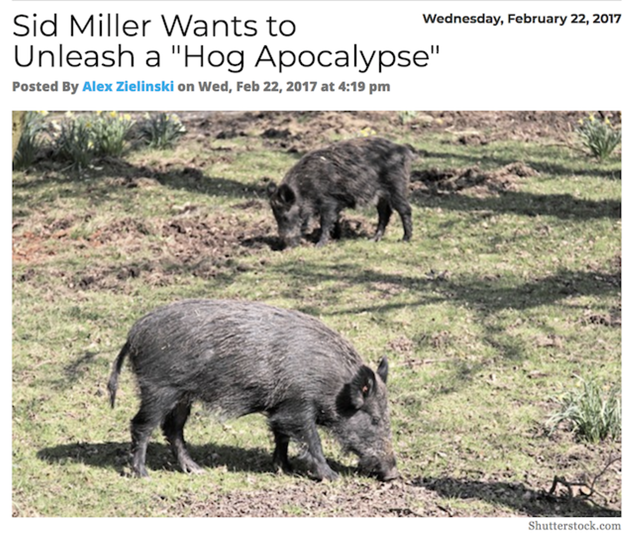 Sid Miller, a gem in the Internet age of memes, signed off on a plan to reduce the wild hog population: poison by toxic kibble. (Somewhat) surprisingly, it was Miller who dubbed this the “Hog Apocalypse.” Read more.