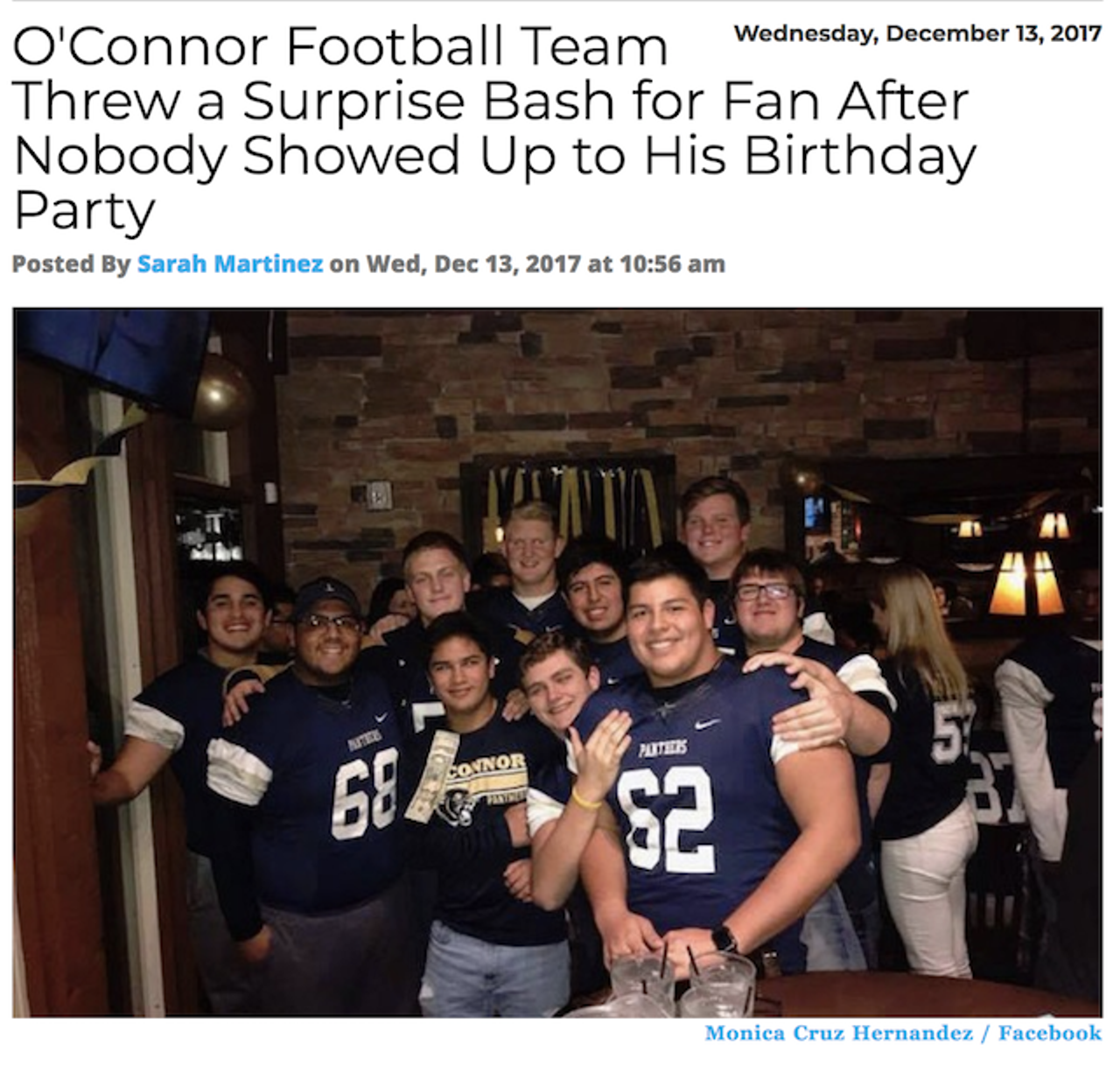 The O'Connor High School football team showed Helotes what teamwork is all about. The guys showed up to 8th grader Diego Hernandez's birthday party after all his “friends” didn’t show up. Read more.