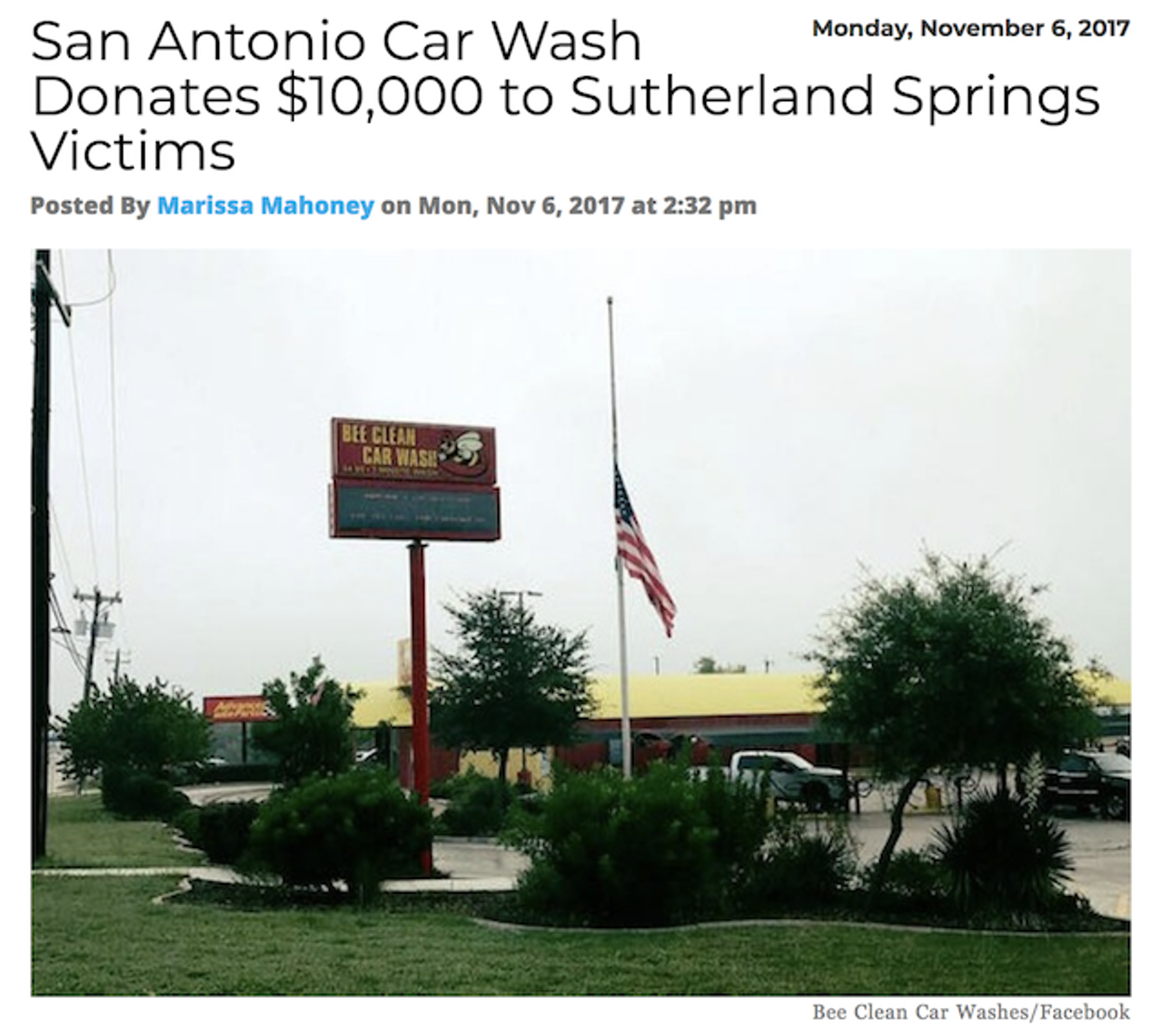 San Antonio’s Bee Clean Car Wash was the real MVP by donating $10,000 to the victims of the Sutherland Springs tragedy. Read more.