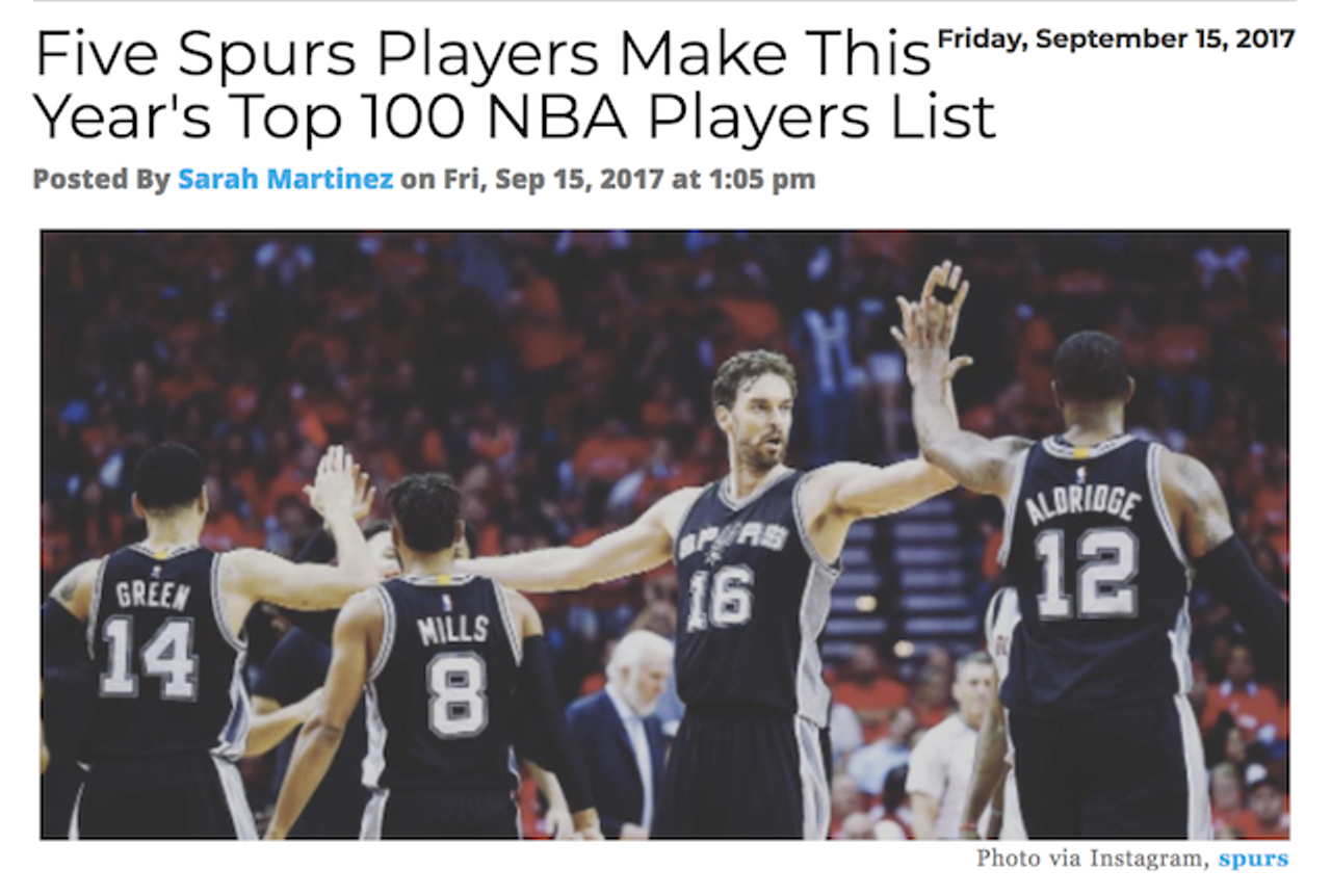 Five San Antonio Spurs’ players made Sports Illustrated’s Top 100 NBA Players List for 2017-2018. A round of applause for: Kawhi Leonard, LaMarcus Aldridge, Pau Gasol, Danny Green and Patty Mills. Read more.