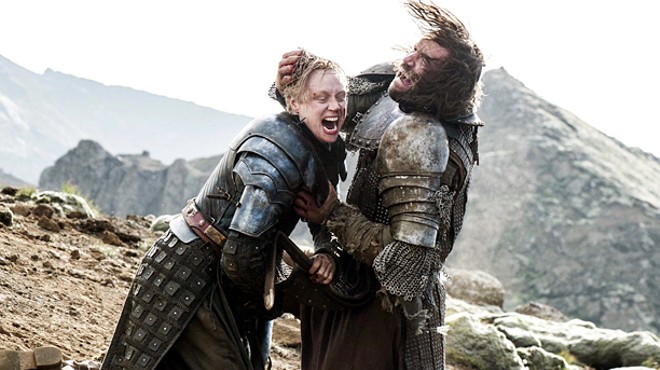 Brienne of Tarth (Gwendoline Christie) and Sandor Clegane, "The Hound", (Rory McCann) during their epic fight scene during the season 4 finale of HBO's Game of Thones.