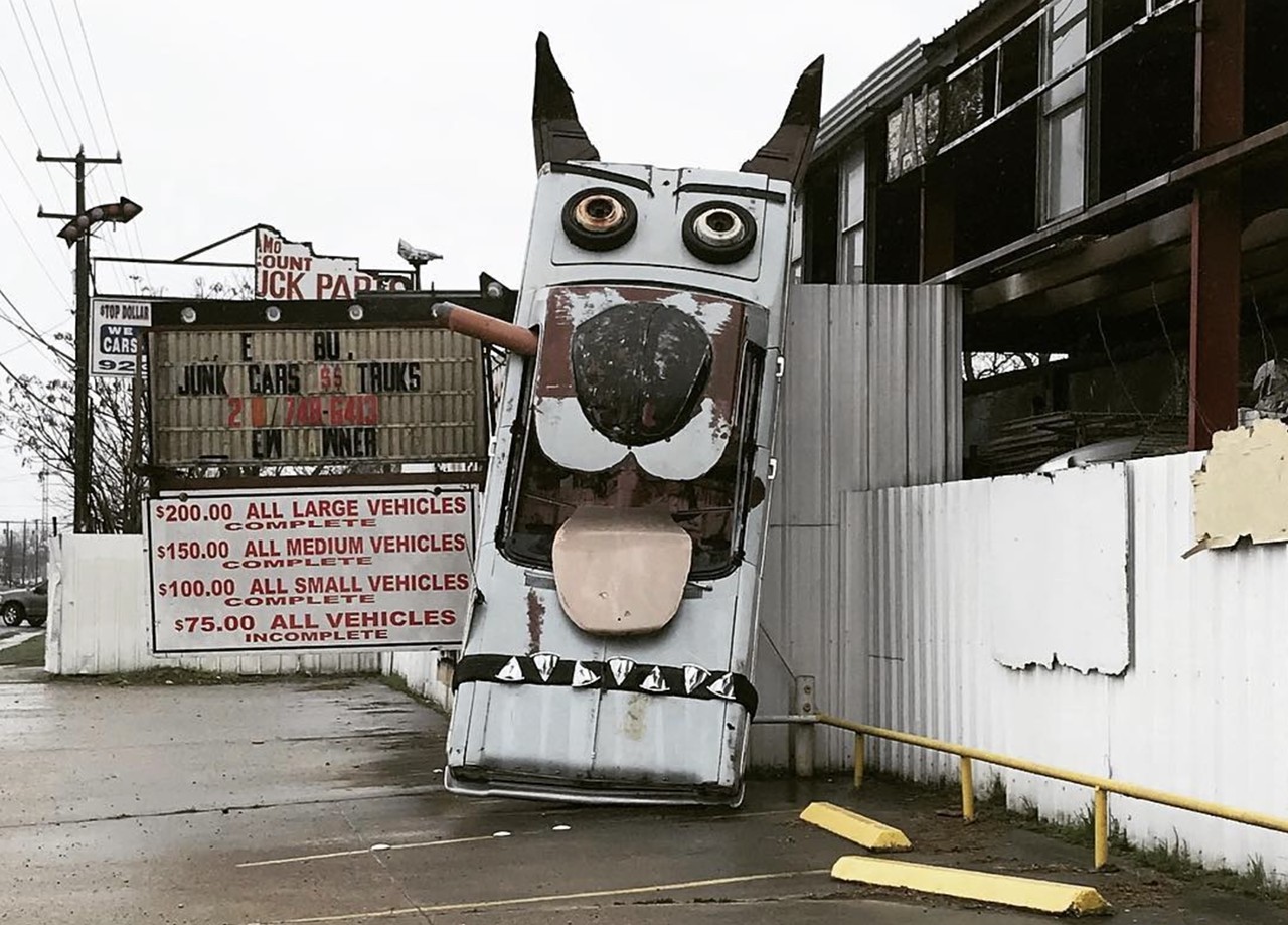 Junk Yard Dog
1201 Somerset Road, San Antonio
This canny canine is made by the same artist as the giant cowboy boots which sit outside of North Star Mall. Bob "Daddy-O" Wade, who passed away in late 2019, built the pup out of cars in his junk yard: a 1966 Plymouth Fury, a Volkswagen Beetle and the hood of a Cadillac.