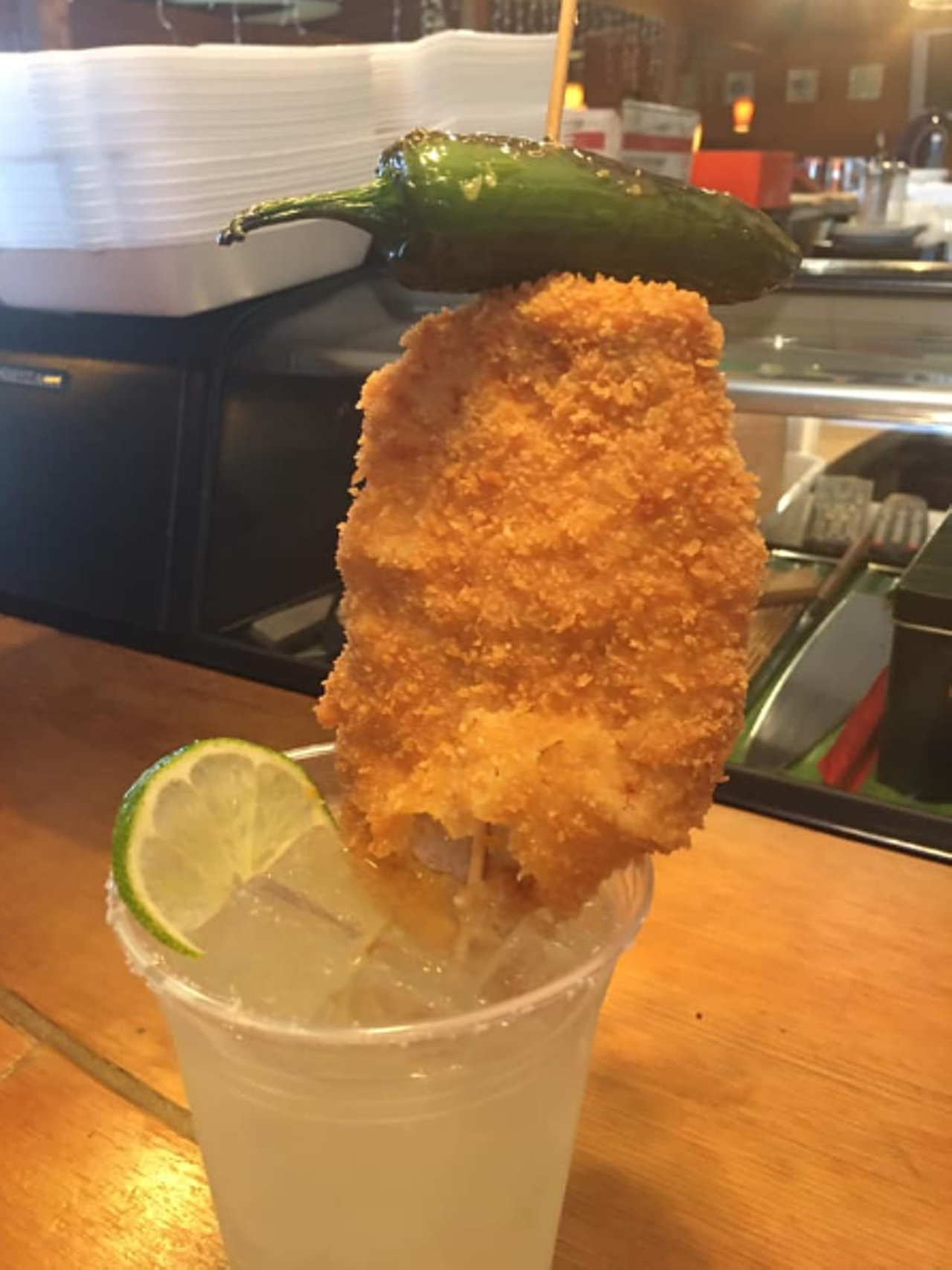 Godai Sushi Bar and Restaurant
11203 West Ave, (210) 348-6781, godaisushi.com
This tempura fried chicken and roasted jalapeno stuck into a sake margarita illustrates the puro commitment to food/booze pairings here. Plenty of curbside alcohol options.
Photo via Facebook /  
Godai Sushi Bar and Restaurant