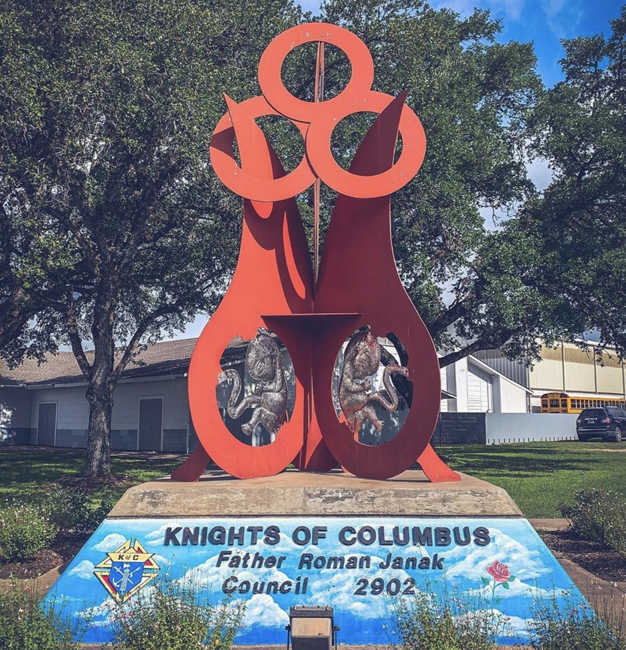 Fetus Monument, Schulenberg, TX
405 South St., Schulenburg, roadsideamerica.com 
At the entrance of the Knights of Columbus building stands an abstract monument holding three silver fetuses. This catholic fraternity organizes anti-abortion activism and  this creepy statue is apparently part of the organization’s push to create a “culture of life.”  Photo via Instagram /  wondersofbackroads