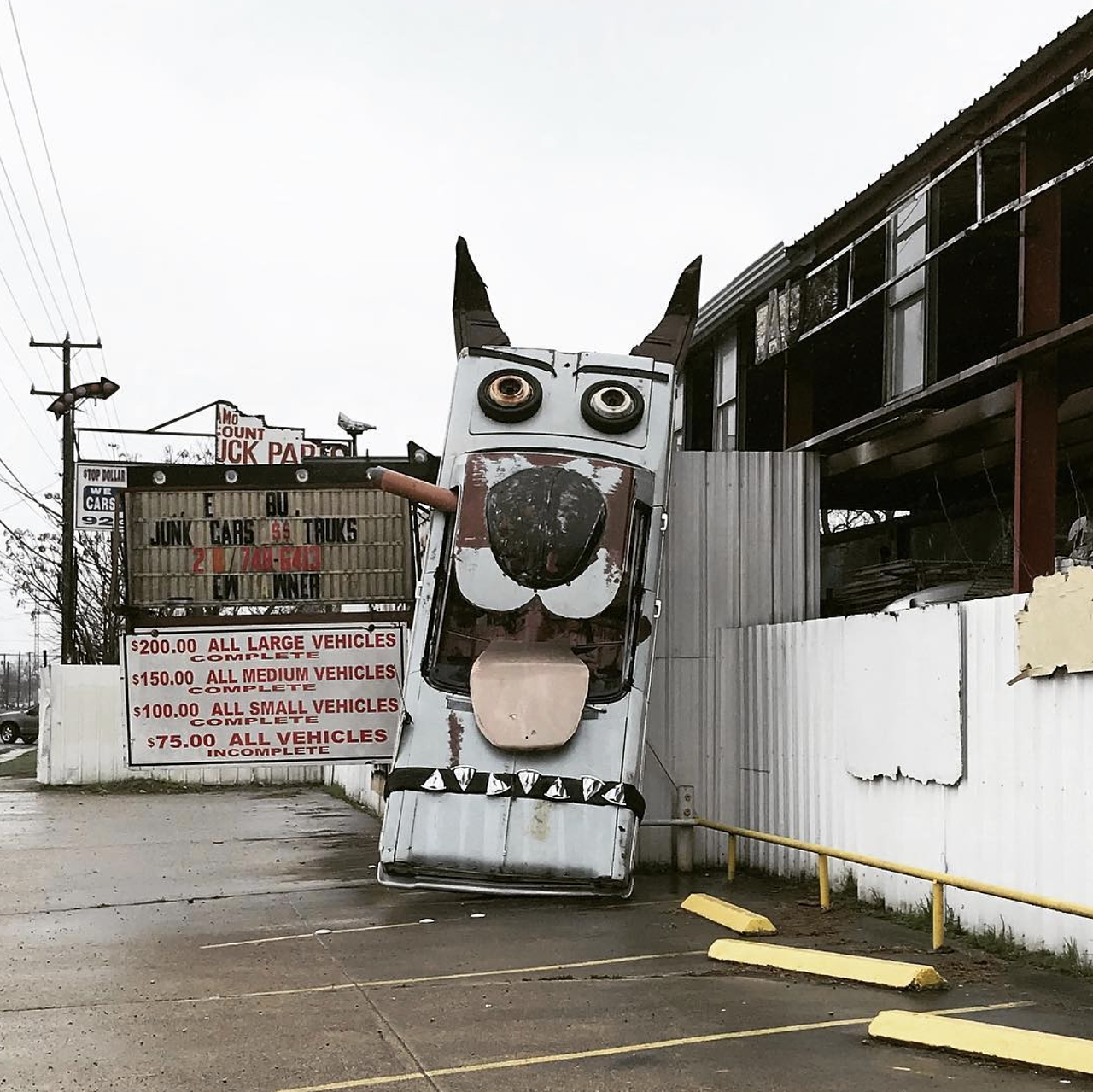 Junk Yard Dog, San Antonio, TX
1201 Somerset Road, San Antonio, roadsideamerica.com
This canny canine is made by the same artist as the giant cowboy boots which sit outside of North Star Mall. Bob "Daddy-O" Wade, who passed away in late 2019, built the pup out of cars in his junk yard: a 1966 Plymouth Fury, a Volkswagen Beetle and the hood of a Cadillac.
Photo via Instagram /  richardjgarciacpa