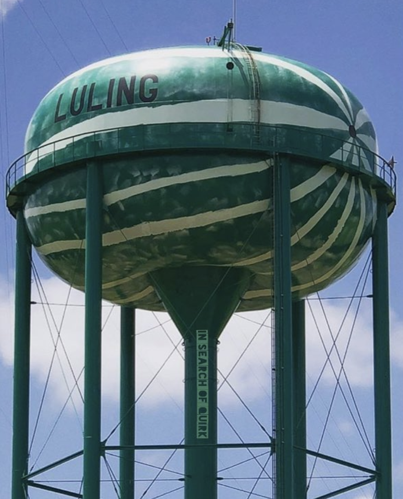 Watermelon Water Tower, Luling, TX
1798 E Pierce St., Luling, roadsideamerica.com
Along Highway 183, another high-flying fruit can be spotted in the sky. This 154-foot tower contains some of the water that helps grow Luling’s 50 pound watermelons.
Photo via Instagram /  insearchofquirk