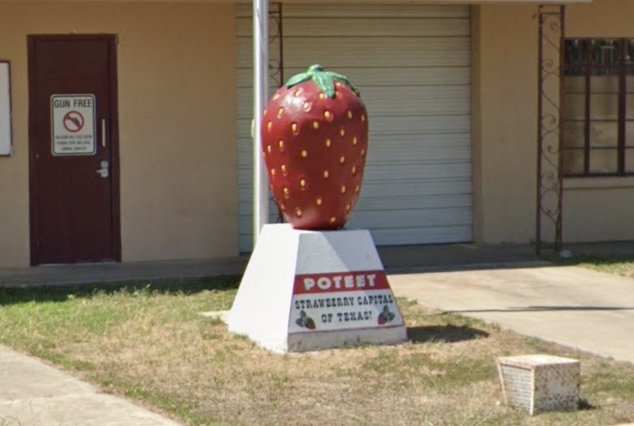 World’s Largest Strawberry, Poteet
530 Avenue H, Poteet, roadsideamerica.com
The strawberries in Poteet are anything but petite, including the 7-foot tall statue of a strawberry located in front of the town’s fire station. While Poteet’s iconic annual Strawberry Festival takes place during the spring, the burg pays homage to its trademark crop year round with statues and artwork. 
Photo via Google Maps