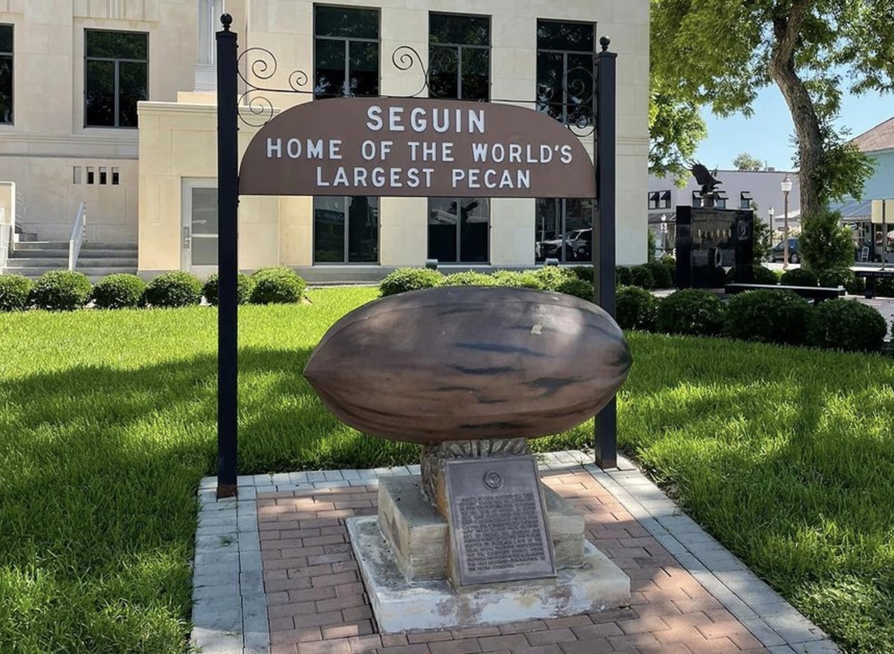 Home of the World's Largest Pecan Historic Marker, Seguin
101 E. Court St., Seguin, roadsideamerica.com
Seguin sits along the Guadalupe River, which was once known as the “River of Nuts.”  A 1000 pound pecan statue outside of Seguin’s city hall is dedicated to Spanish explorer Cabeza de Vaca, who survived on a diet of local pecans while being held captive in the area.
Photo via Instagram / cricketpfairy