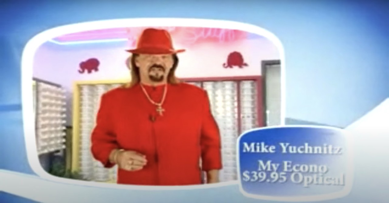 My Econo $39.95 Optical
The My Econo $39.95 Optical chain still exists, but its commercials just aren't the same without flamboyant owner-pitchman Mike Yuchnitz who appeared in spots with his trademark mullet and pimpish attire.
Screenshot via YouTube / Ben Kubany